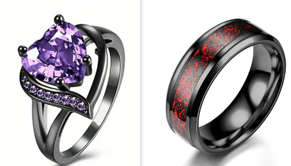 Two stainless steel rings with dragon pattern in blue and purple finish