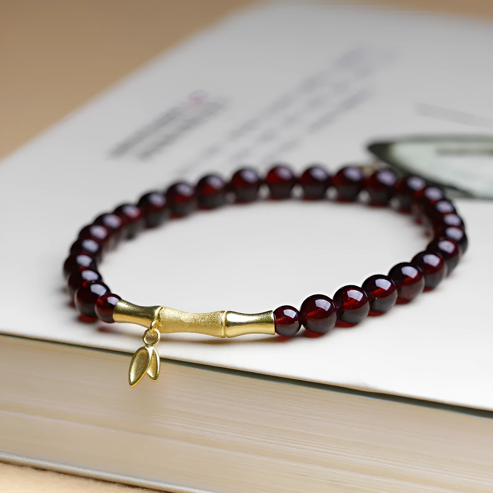 6mm garnet bamboo joint single ring bracelet with manual processing in copper or silver finish