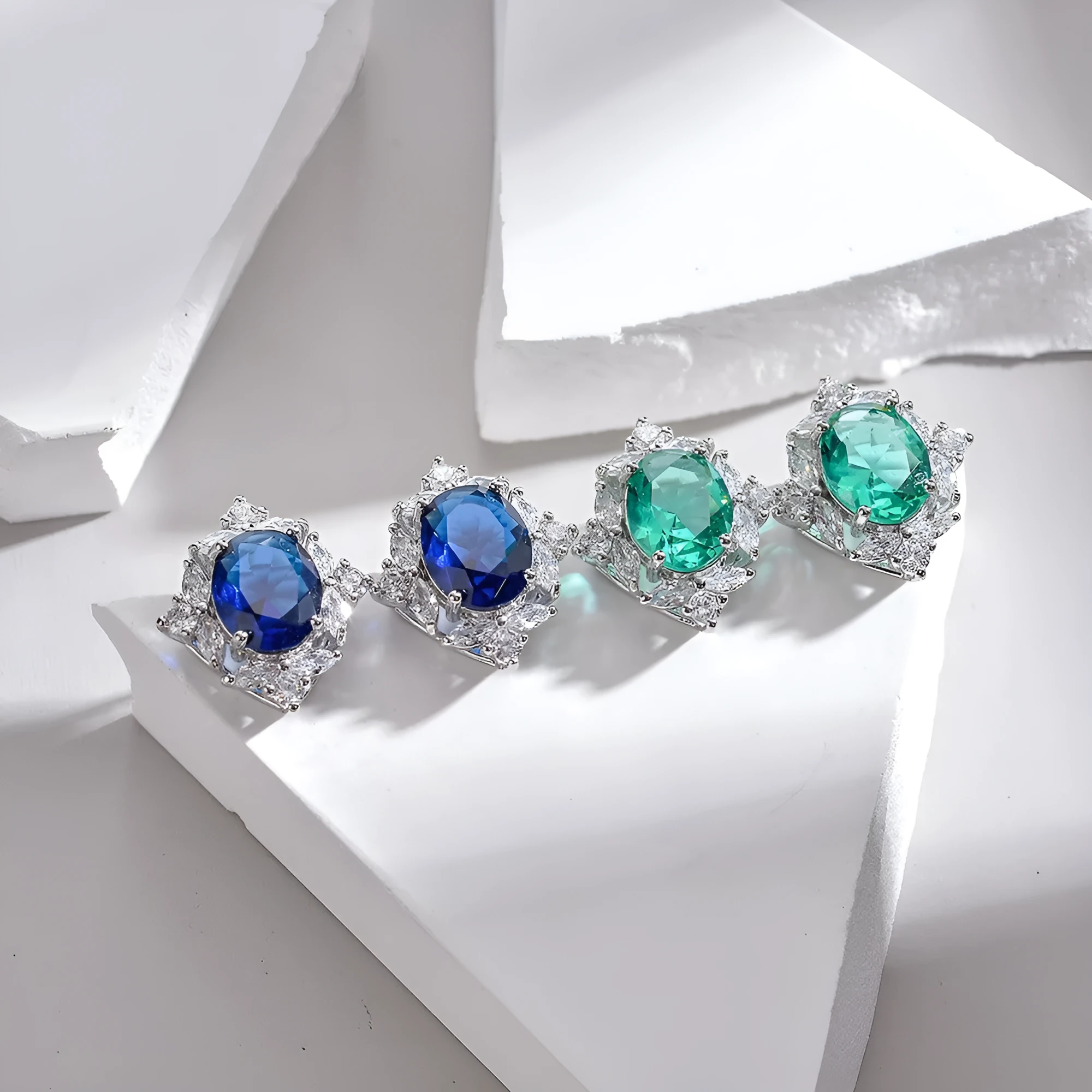 Retro copper oval clip-on earrings with green coloured gem and zircon inlay