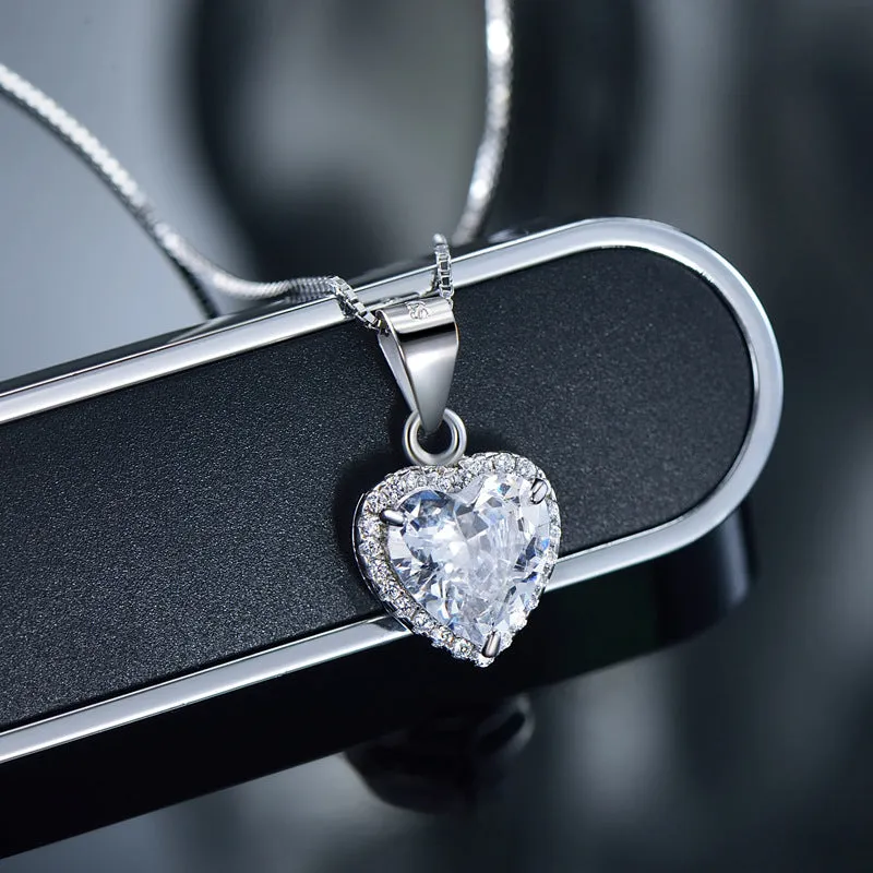 S925 sterling silver heart-shaped zircon pendant necklace on silver box chain, 40+5cm length