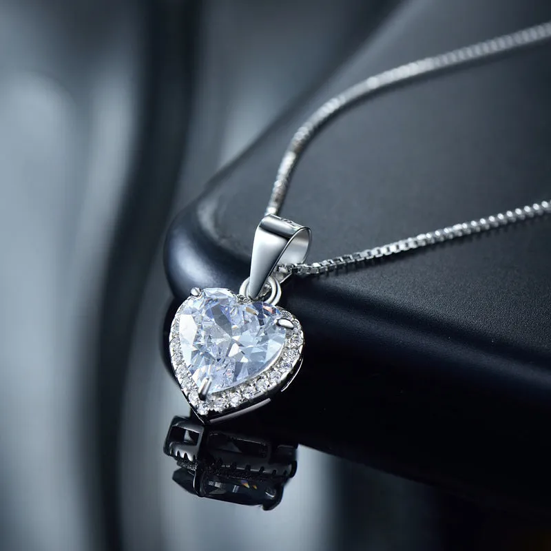 S925 sterling silver heart-shaped zircon pendant necklace on silver box chain, 40+5cm length