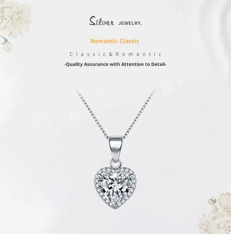 S925 sterling silver heart-shaped zircon pendant necklace on silver box chain, 40+5cm length