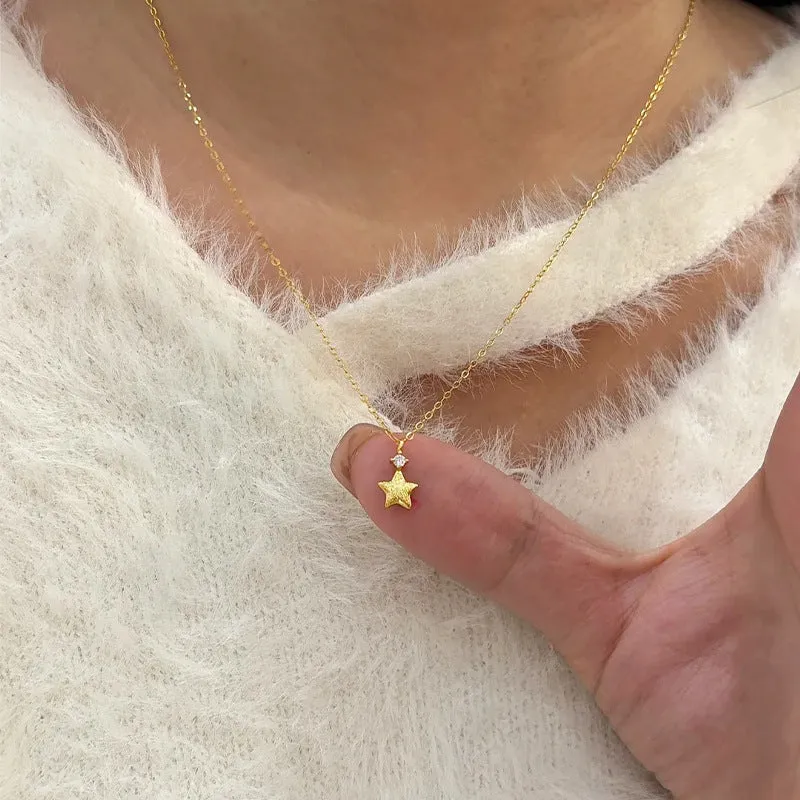 S925 sterling silver star zirconium pendant necklace brushed finish plain silver option women jewellery