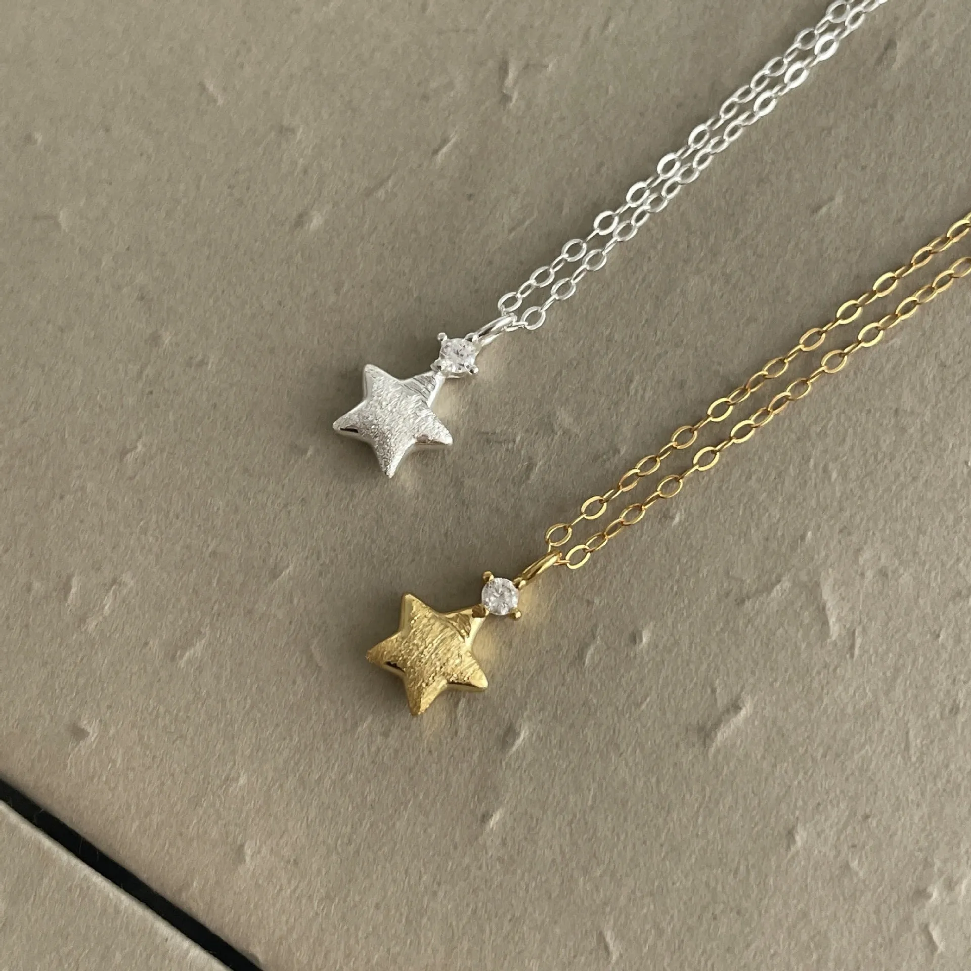 S925 sterling silver star zirconium pendant necklace brushed finish plain silver option women jewellery