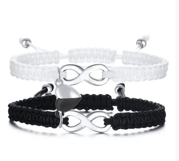 Love heart magnetic couple bracelet set stainless steel hand-woven with cross motif black white