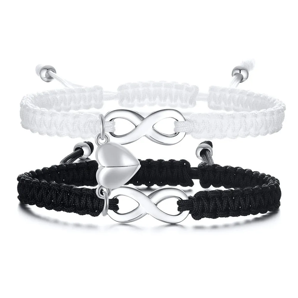 Love heart magnetic couple bracelet set stainless steel hand-woven with cross motif black white