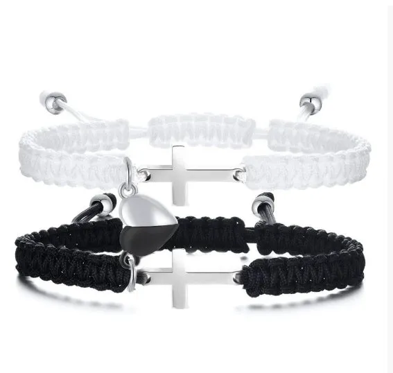 Love heart magnetic couple bracelet set stainless steel hand-woven with cross motif black white