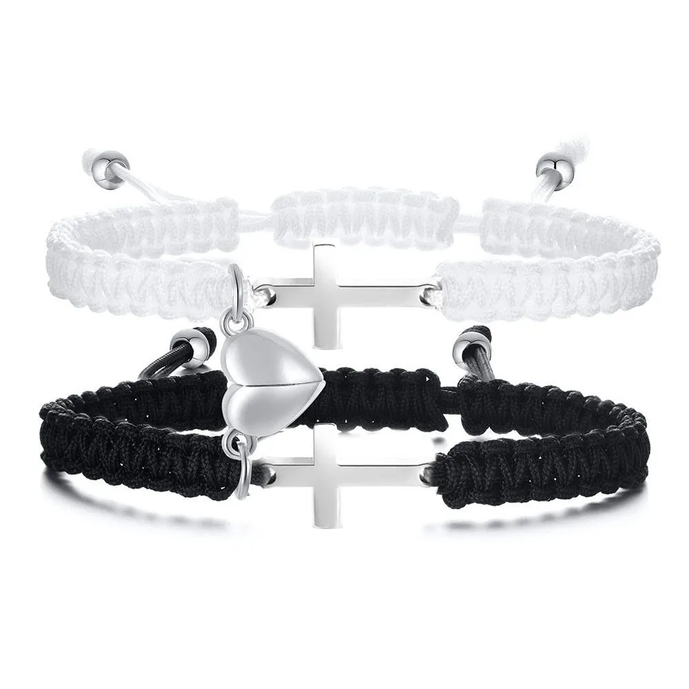 Love heart magnetic couple bracelet set stainless steel hand-woven with cross motif black white