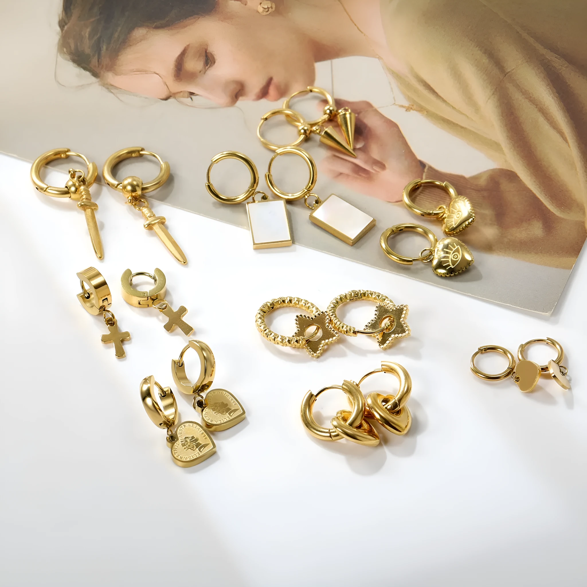Electroplated 18K gold stainless steel earrings with heart star and geometric shapes