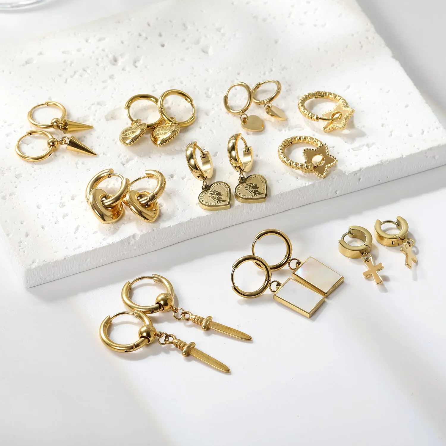 Electroplated 18K gold stainless steel earrings with heart star and geometric shapes