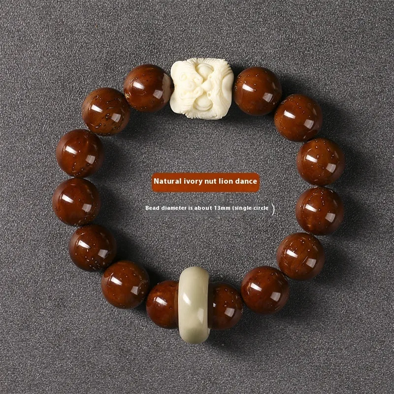 Hand-woven bracelet with 13mm round beads and a carved lion bead centrepiece in ivory nut style.
