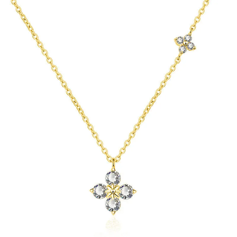 925 sterling silver clover necklace with flower pendant in white gold finish and O-shaped chain