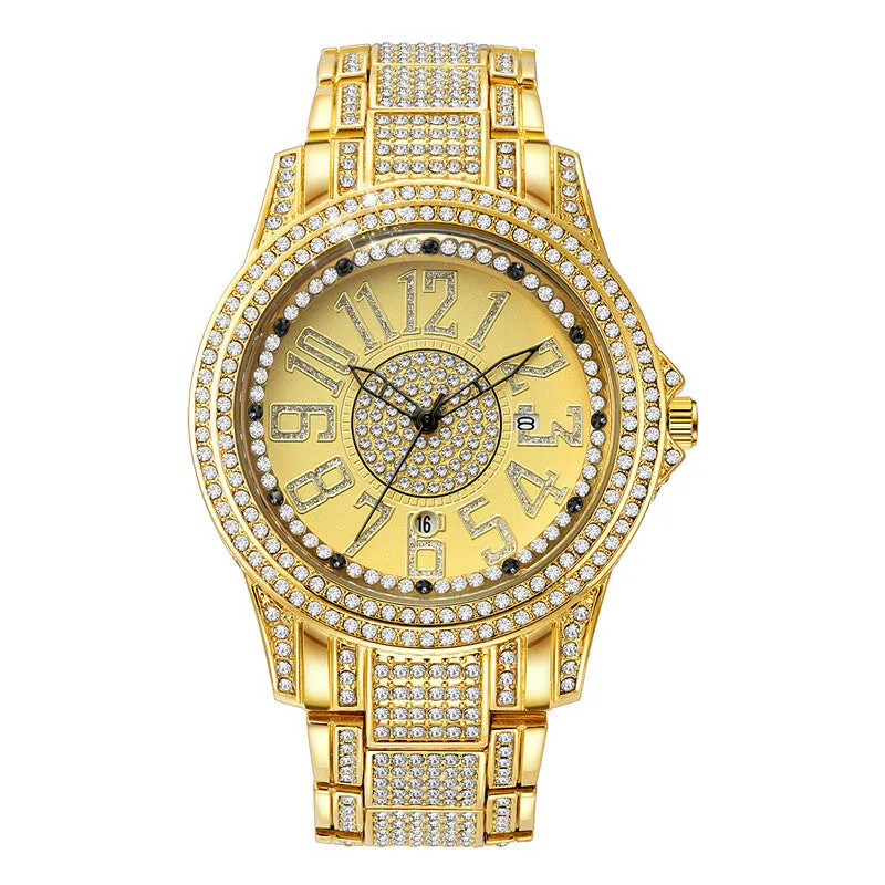 Men's alloy strap quartz date watch in black with 47mm case and diamond detailing