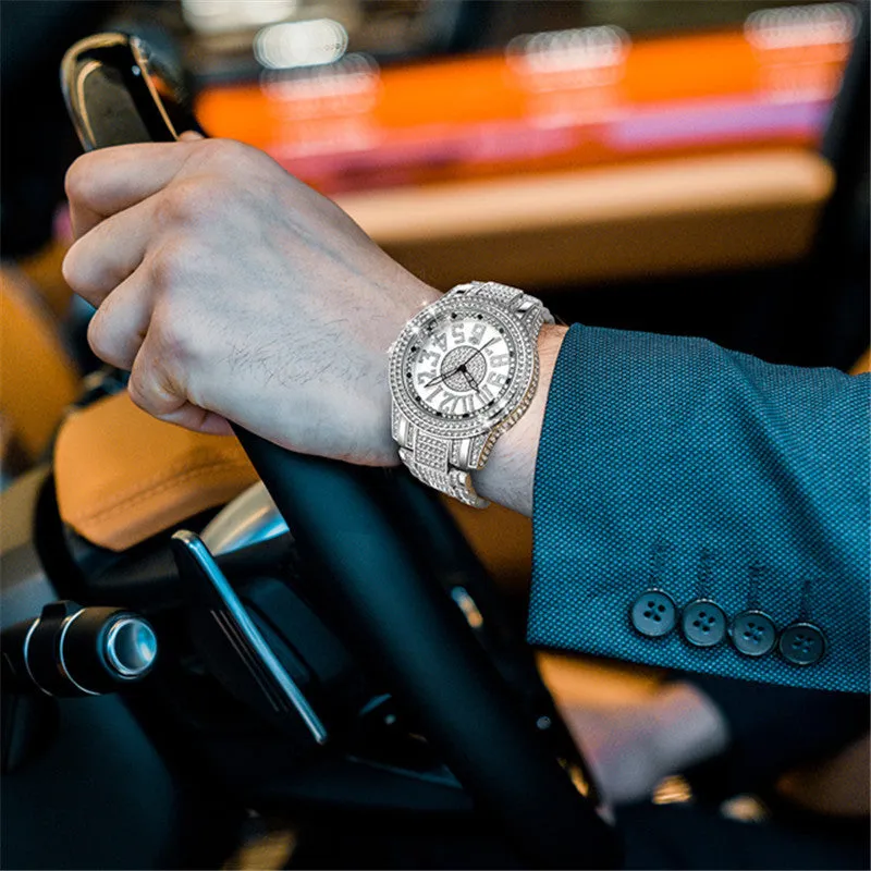 Men's alloy strap quartz date watch in black with 47mm case and diamond detailing