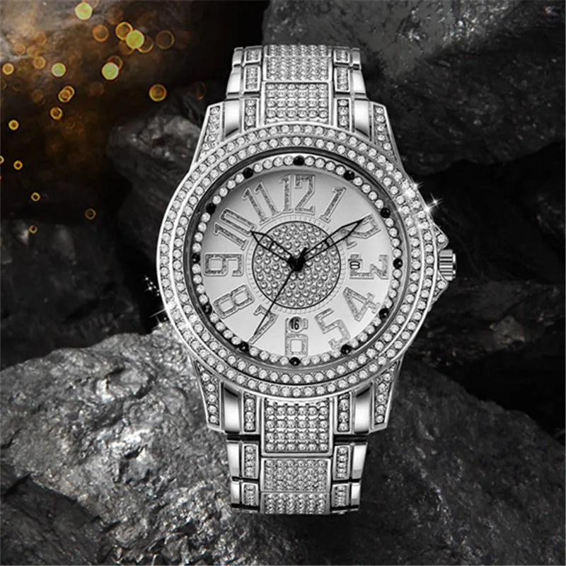 Men's alloy strap quartz date watch in black with 47mm case and diamond detailing