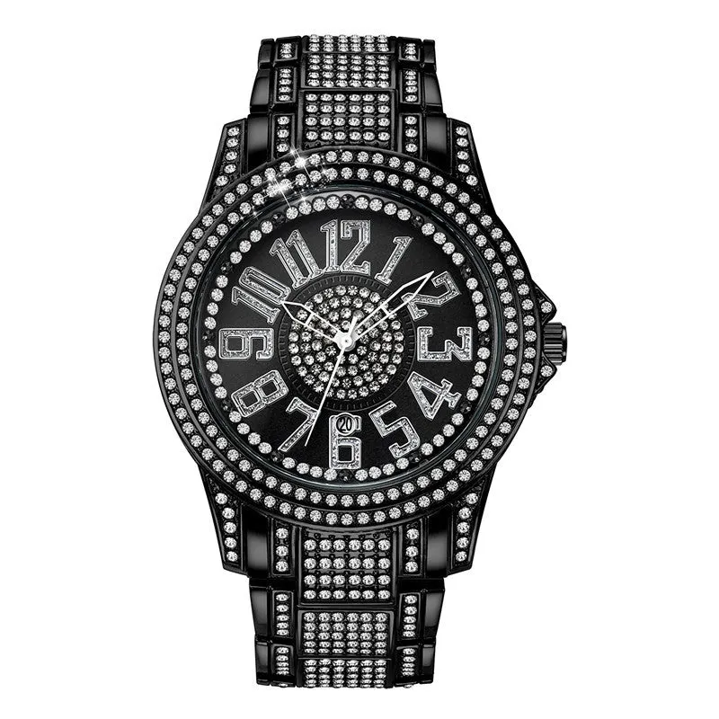 Men's alloy strap quartz date watch in black with 47mm case and diamond detailing
