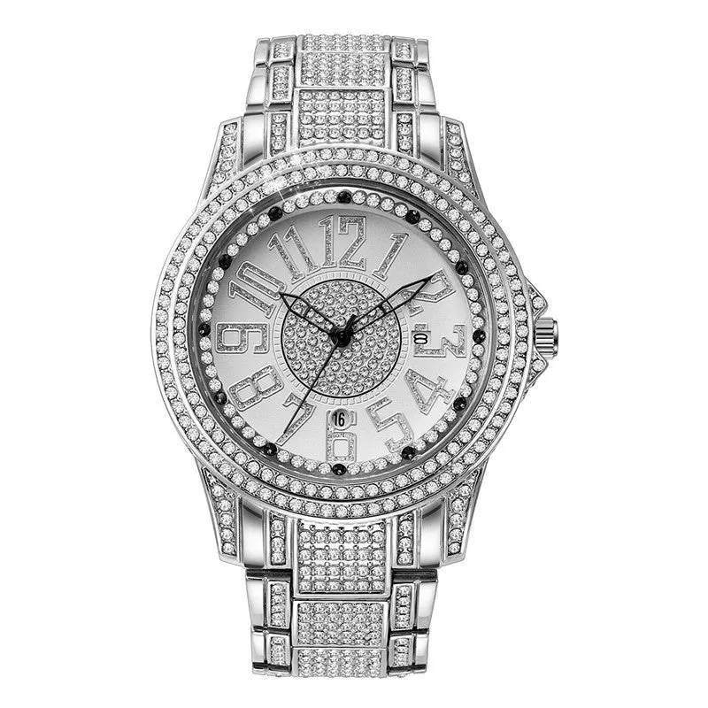 Men's alloy strap quartz date watch in black with 47mm case and diamond detailing