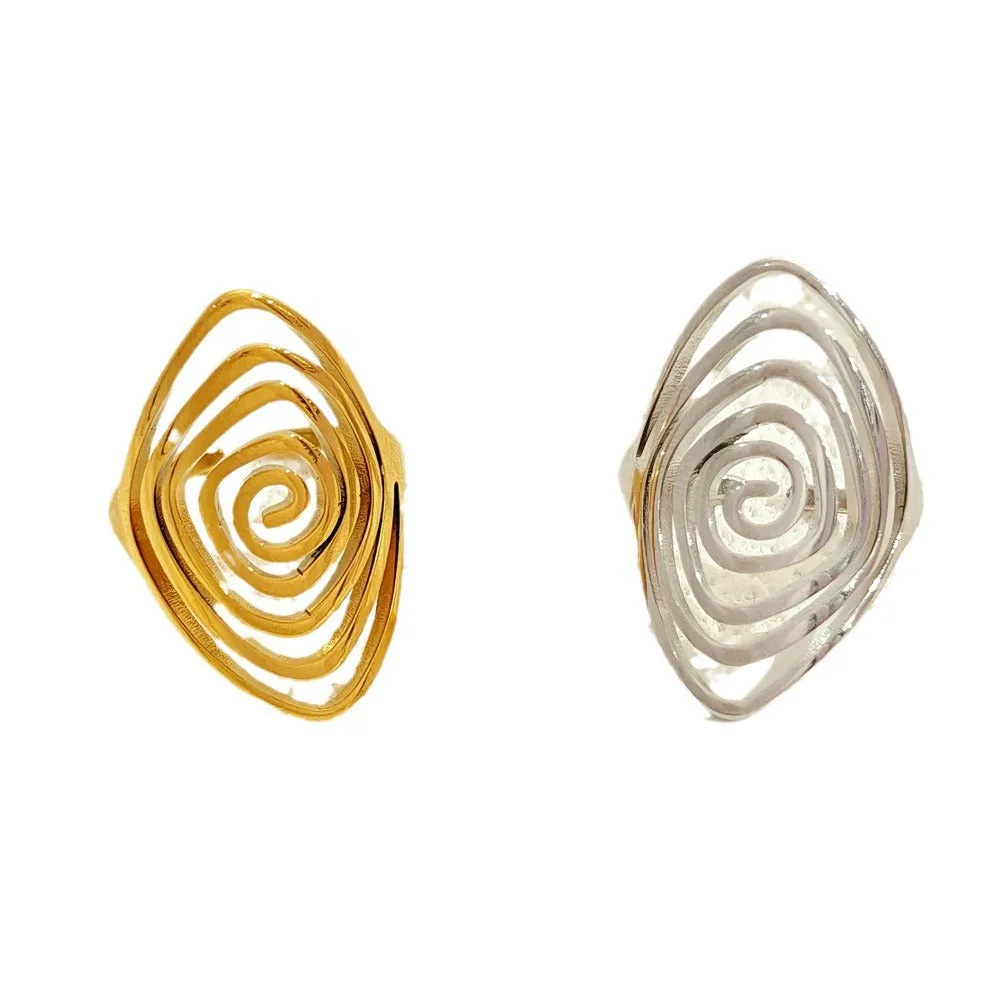 Gold electroplated stainless steel exaggerated circle ring with adjustable opening on a neutral background