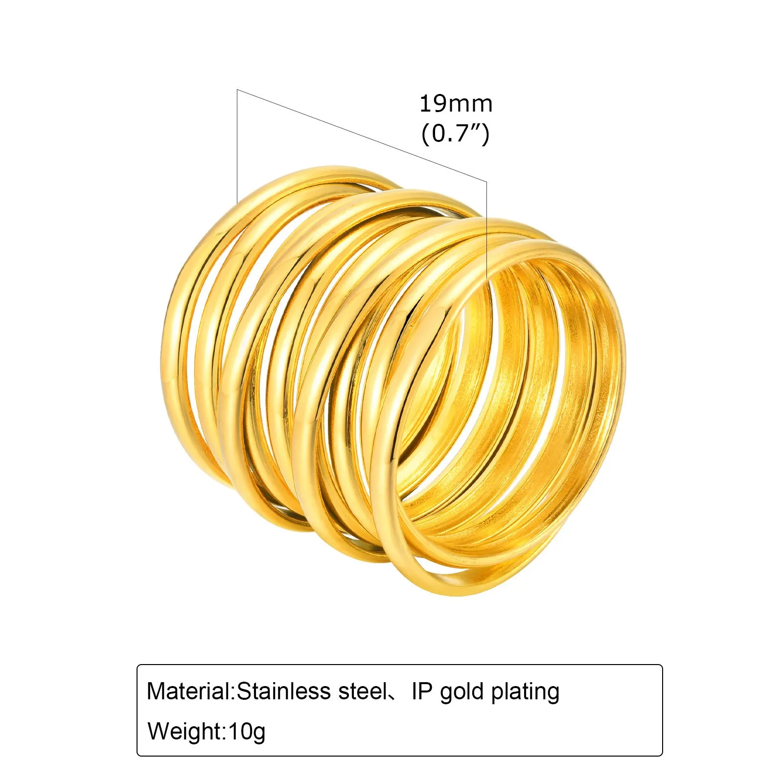 Gold stainless steel multi-loop multi-layer ring on a plain background