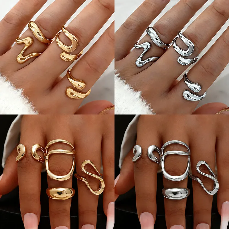 Geometric open ring set in gold and silver electroplated metal, two styles, for women