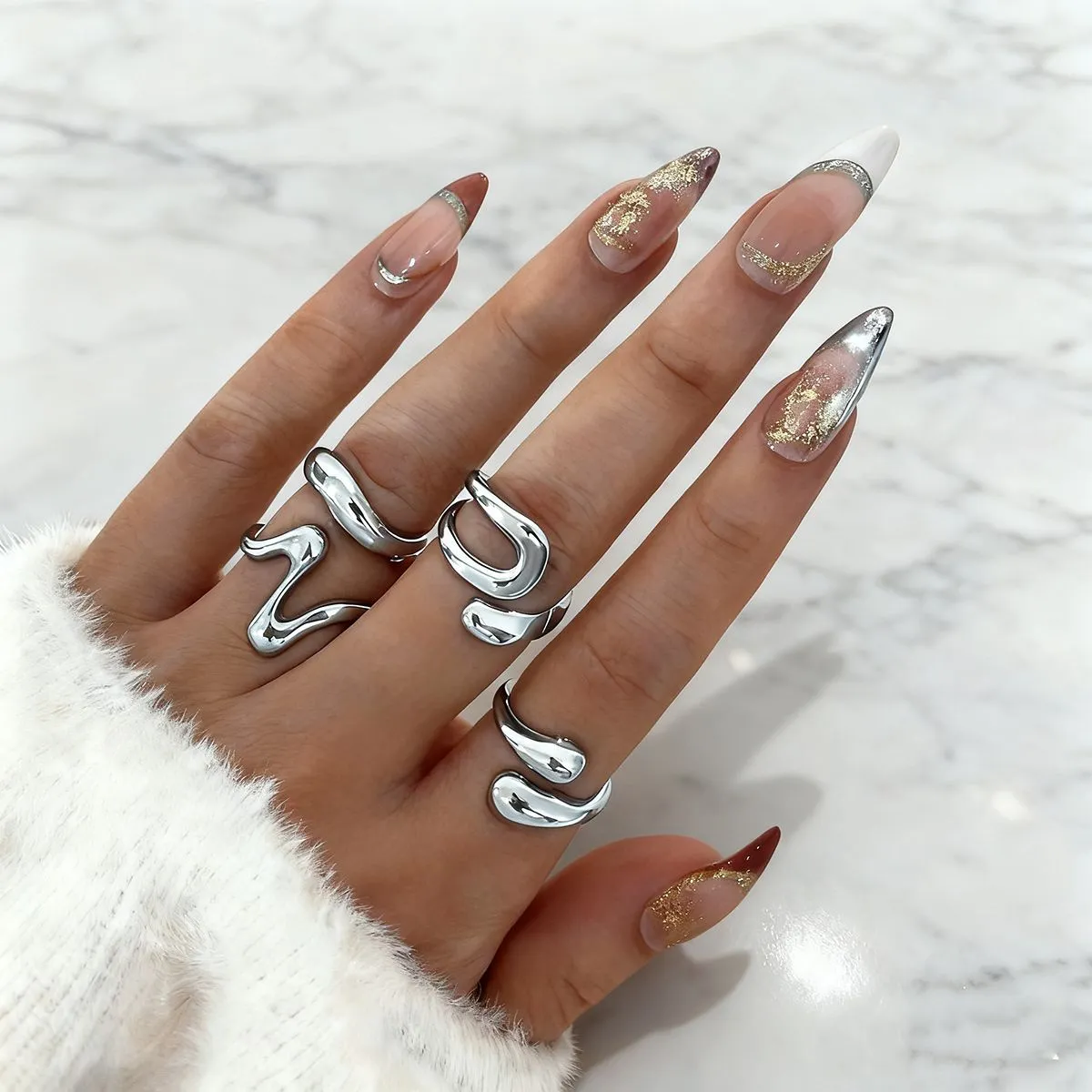 Geometric open ring set in gold and silver electroplated metal, two styles, for women