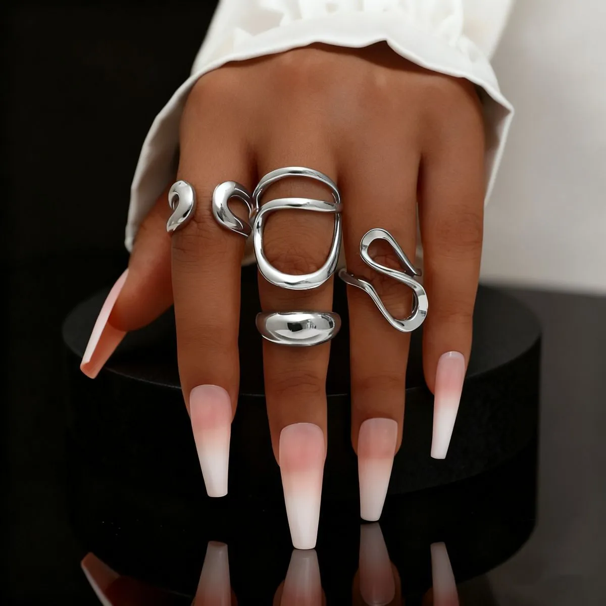 Geometric open ring set in gold and silver electroplated metal, two styles, for women
