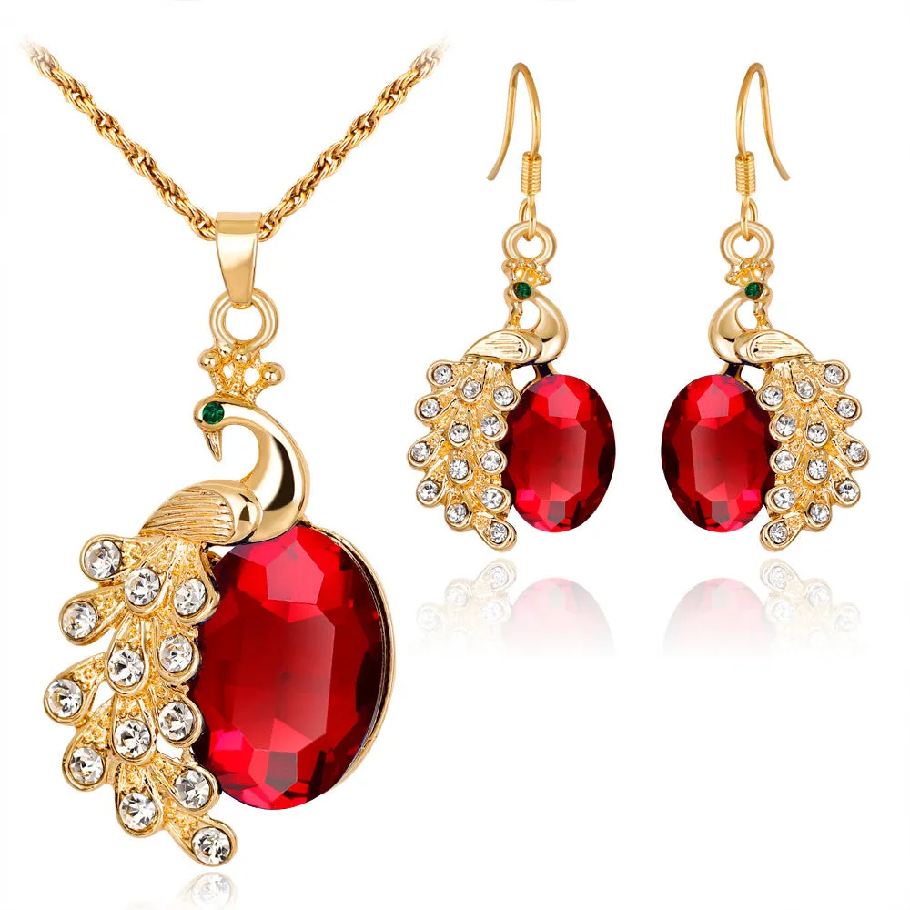 Peacock rhinestone two-piece necklace and earrings set in blue, green, or red