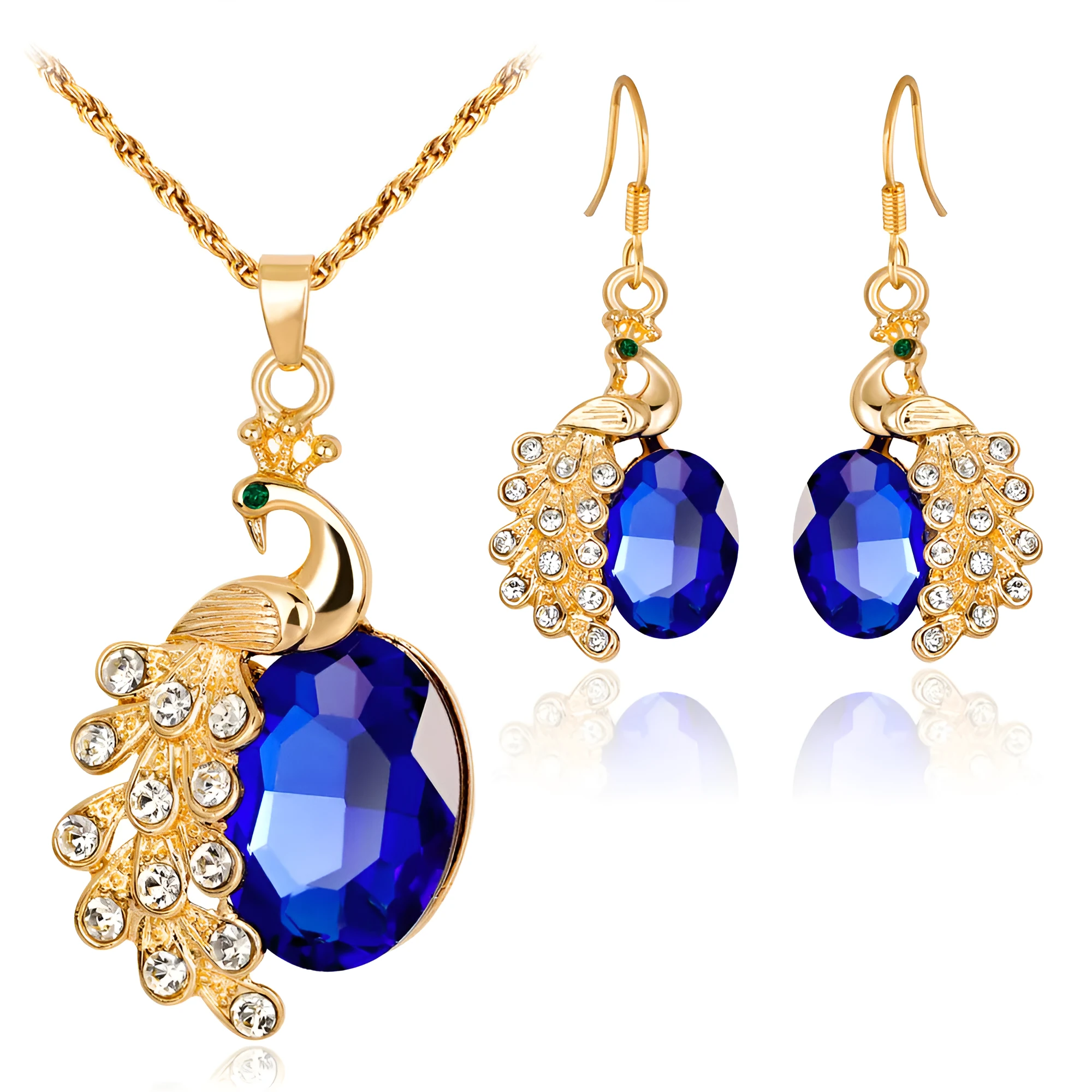 Peacock rhinestone two-piece necklace and earrings set in blue, green, or red