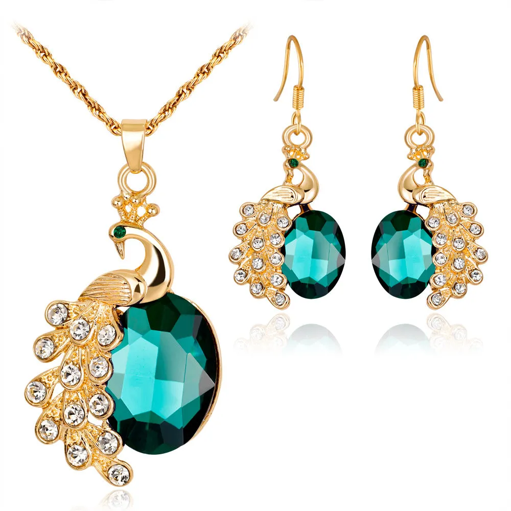 Peacock rhinestone two-piece necklace and earrings set in blue, green, or red