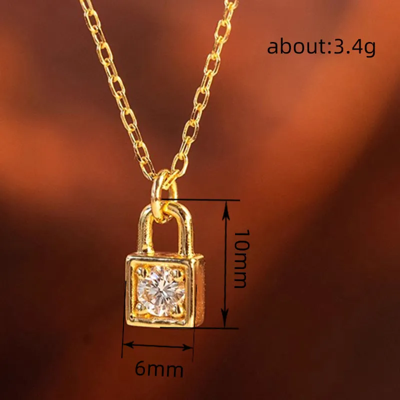 XL1173 Gold geometric lock pendant necklace with mixed gemstone inlay on copper O-link chain