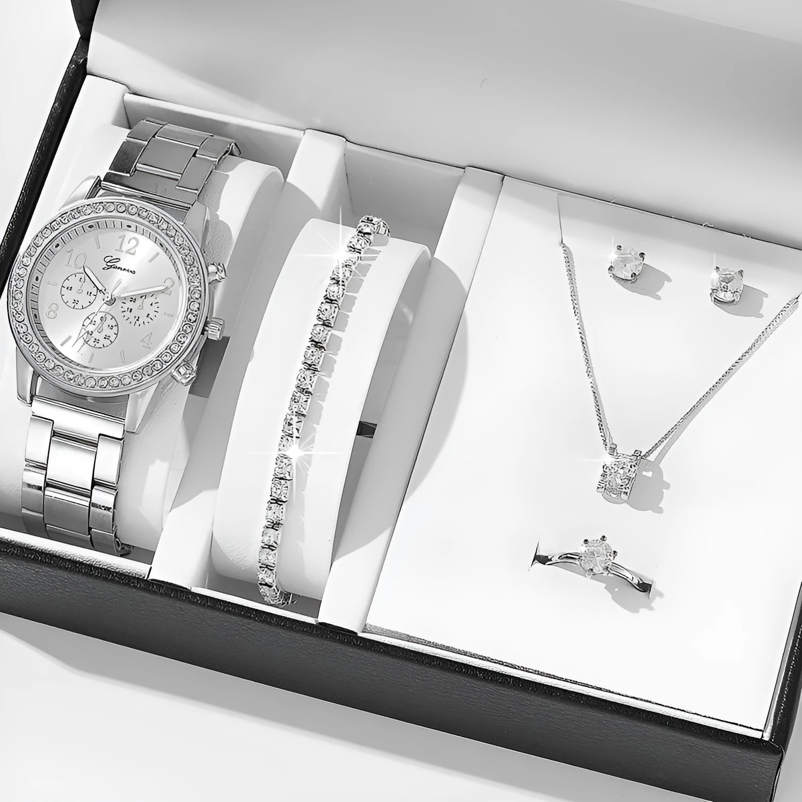 Women's casual quartz watch suit set with alloy case 36mm dial bracelet earrings necklace ring