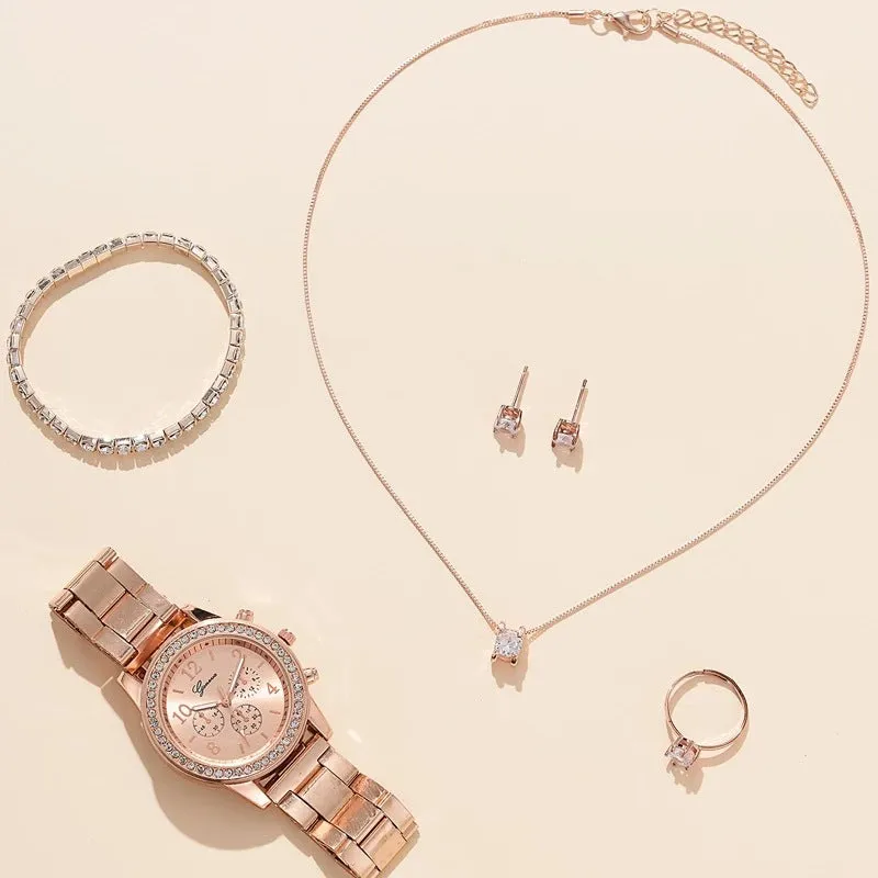 Women's casual quartz watch suit set with alloy case 36mm dial bracelet earrings necklace ring