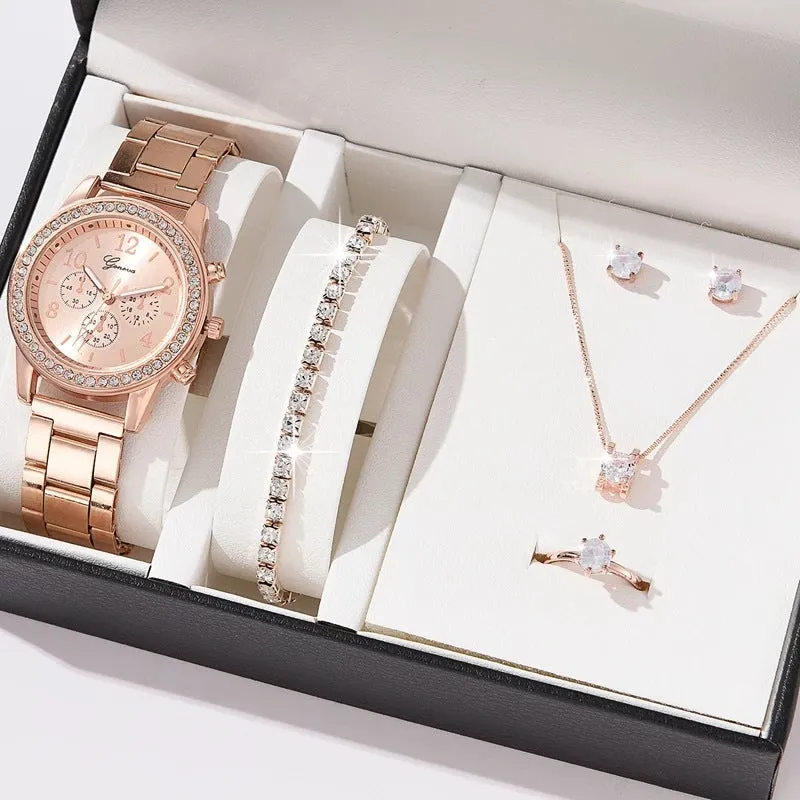 Women's casual quartz watch suit set with alloy case 36mm dial bracelet earrings necklace ring