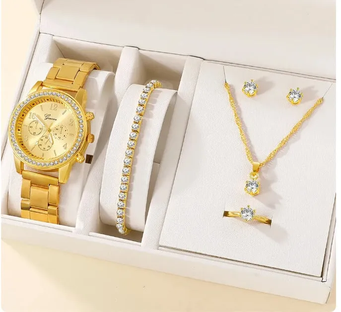 Women's casual quartz watch suit set with alloy case 36mm dial bracelet earrings necklace ring