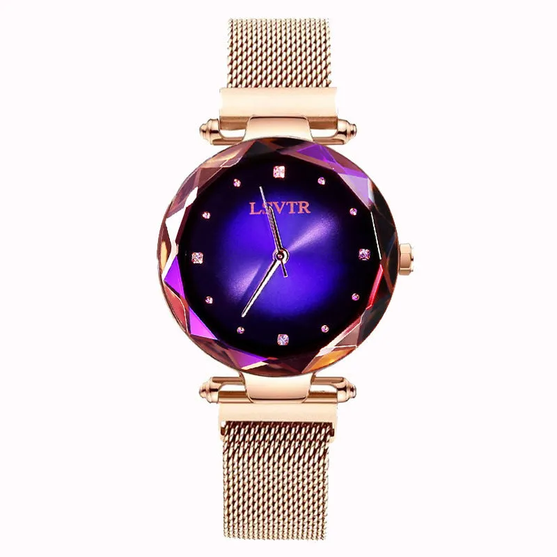 Women's starry quartz watch with magnetic strap and transparent band in L rose gold brown
