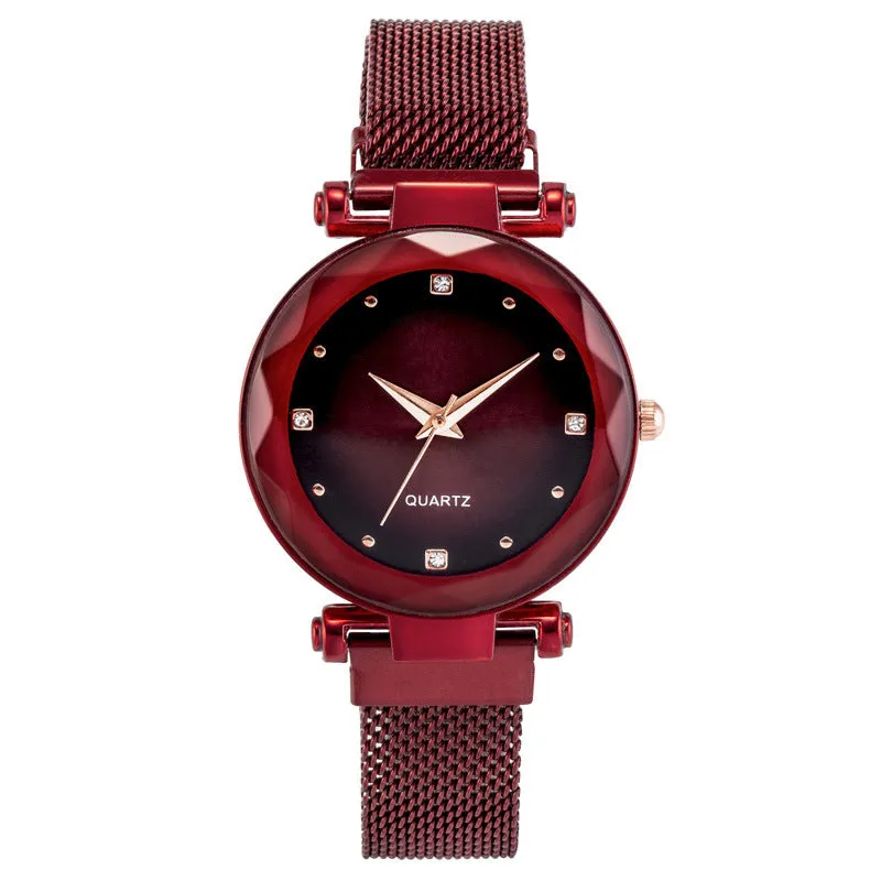 Women's starry quartz watch with magnetic strap and transparent band in L rose gold brown