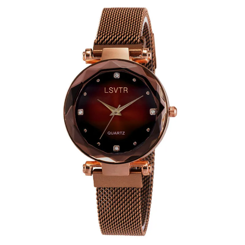 Women's starry quartz watch with magnetic strap and transparent band in L rose gold brown