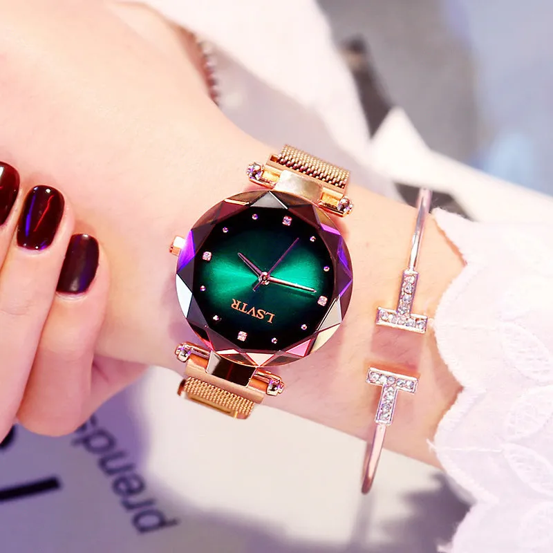 Women's starry quartz watch with magnetic strap and transparent band in L rose gold brown