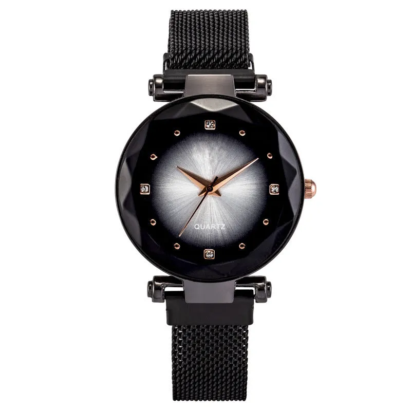 Women's starry quartz watch with magnetic strap and transparent band in L rose gold brown