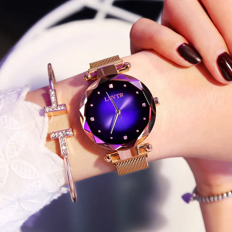 Women's starry quartz watch with magnetic strap and transparent band in L rose gold brown