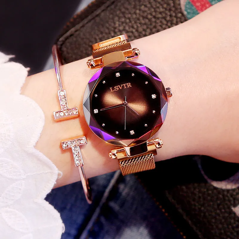 Women's starry quartz watch with magnetic strap and transparent band in L rose gold brown