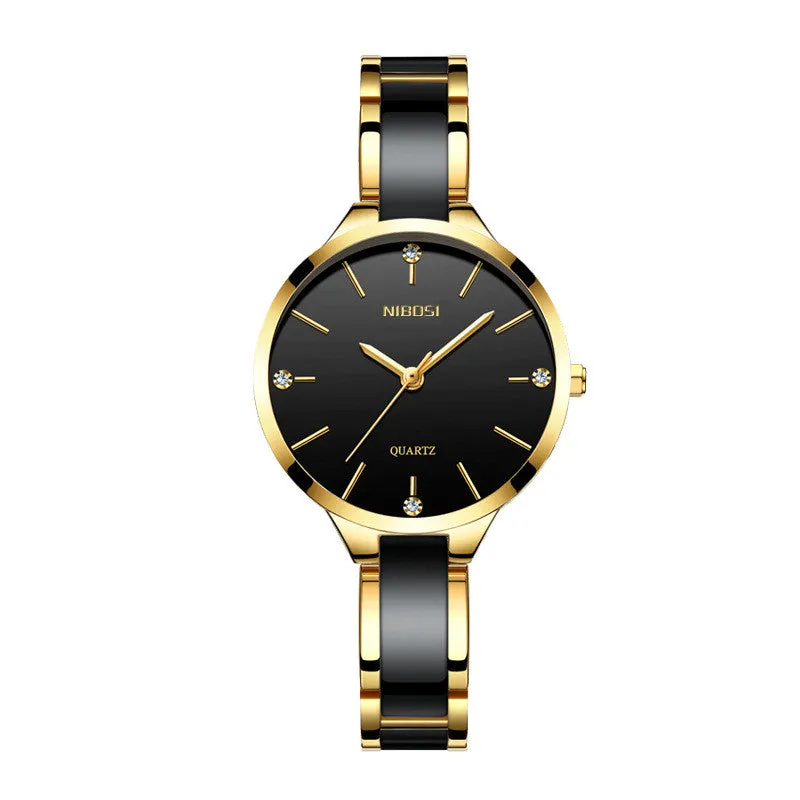 Rhinestone ceramic quartz ladies watch with 33mm dial, stainless steel and ceramic strap, black colour option