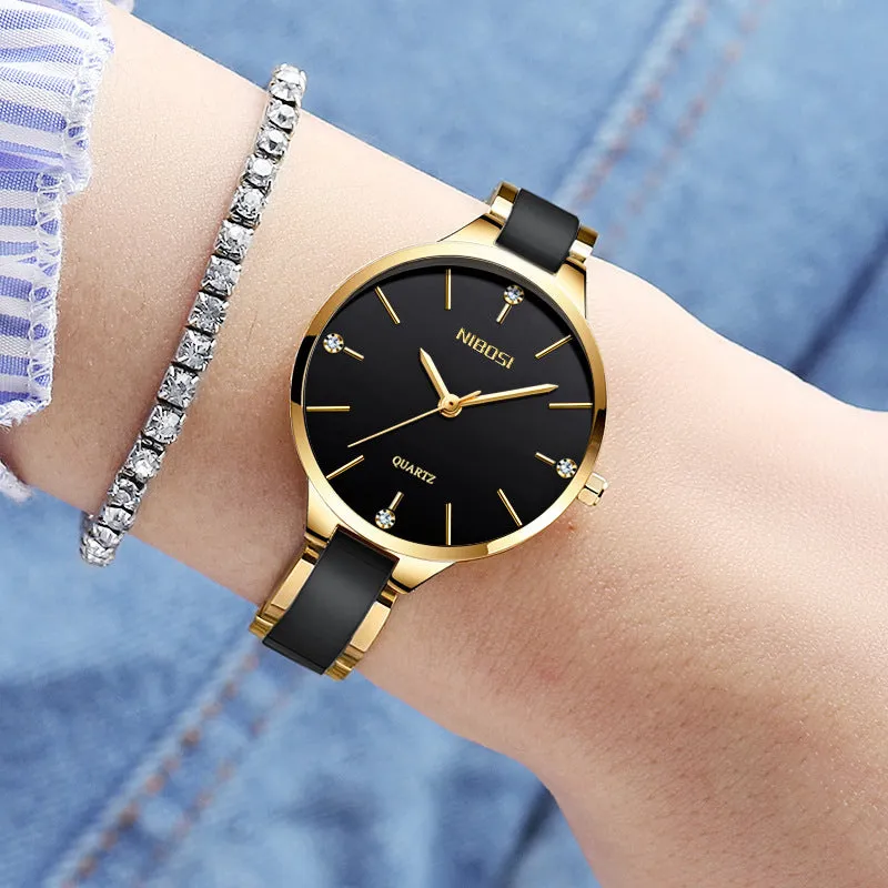 Rhinestone ceramic quartz ladies watch with 33mm dial, stainless steel and ceramic strap, black colour option