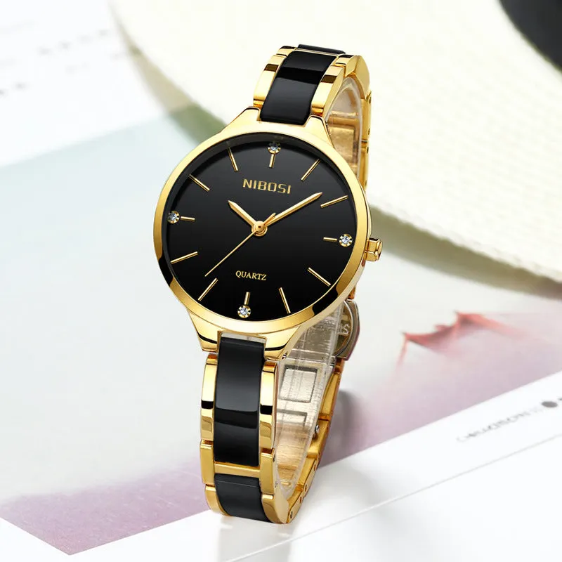 Rhinestone ceramic quartz ladies watch with 33mm dial, stainless steel and ceramic strap, black colour option