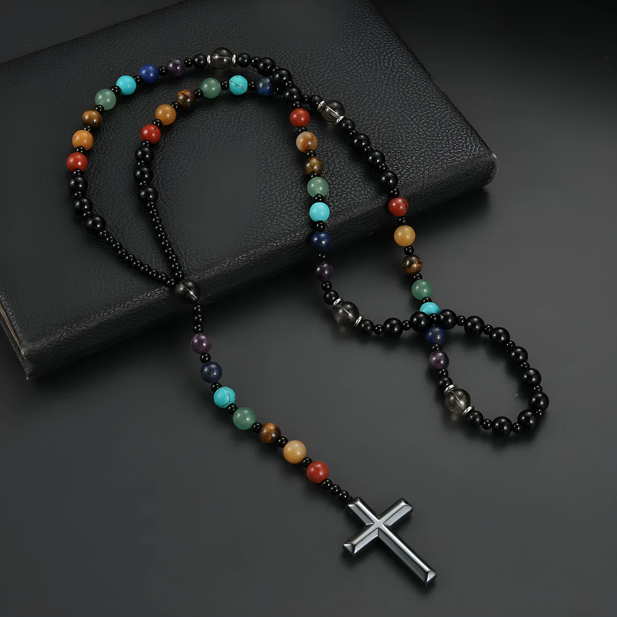 Handmade multicolor natural stone cross necklace with mixed gemstone inlay pendant on beaded chain