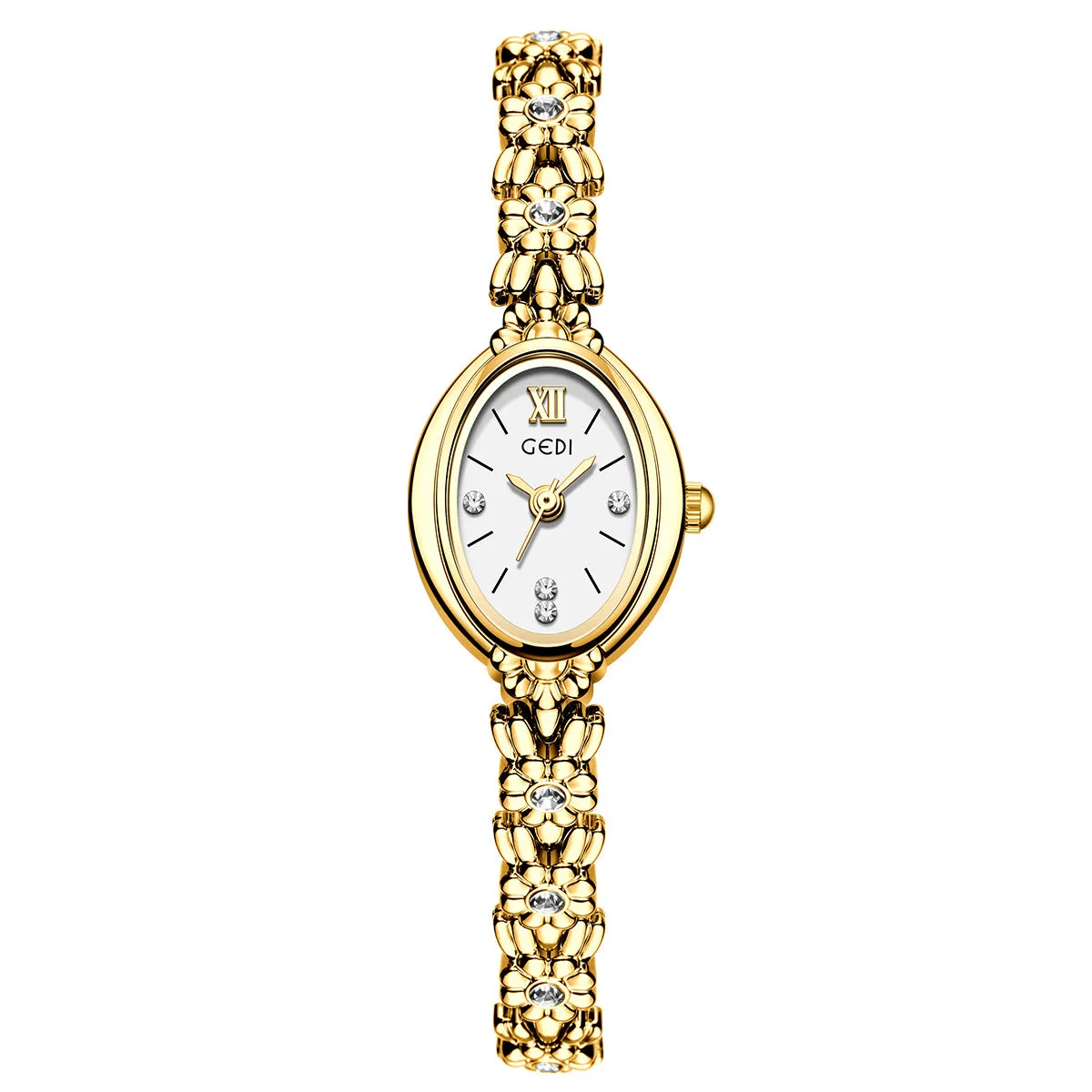 Women's light luxury retro compact alloy watch with 8mm thin case and white dial on white strap
