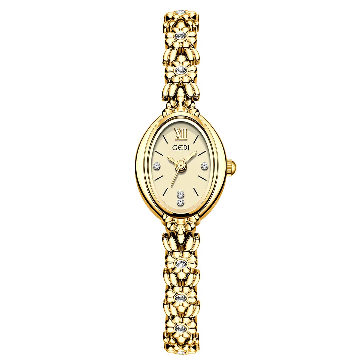 Women's light luxury retro compact alloy watch with 8mm thin case and white dial on white strap