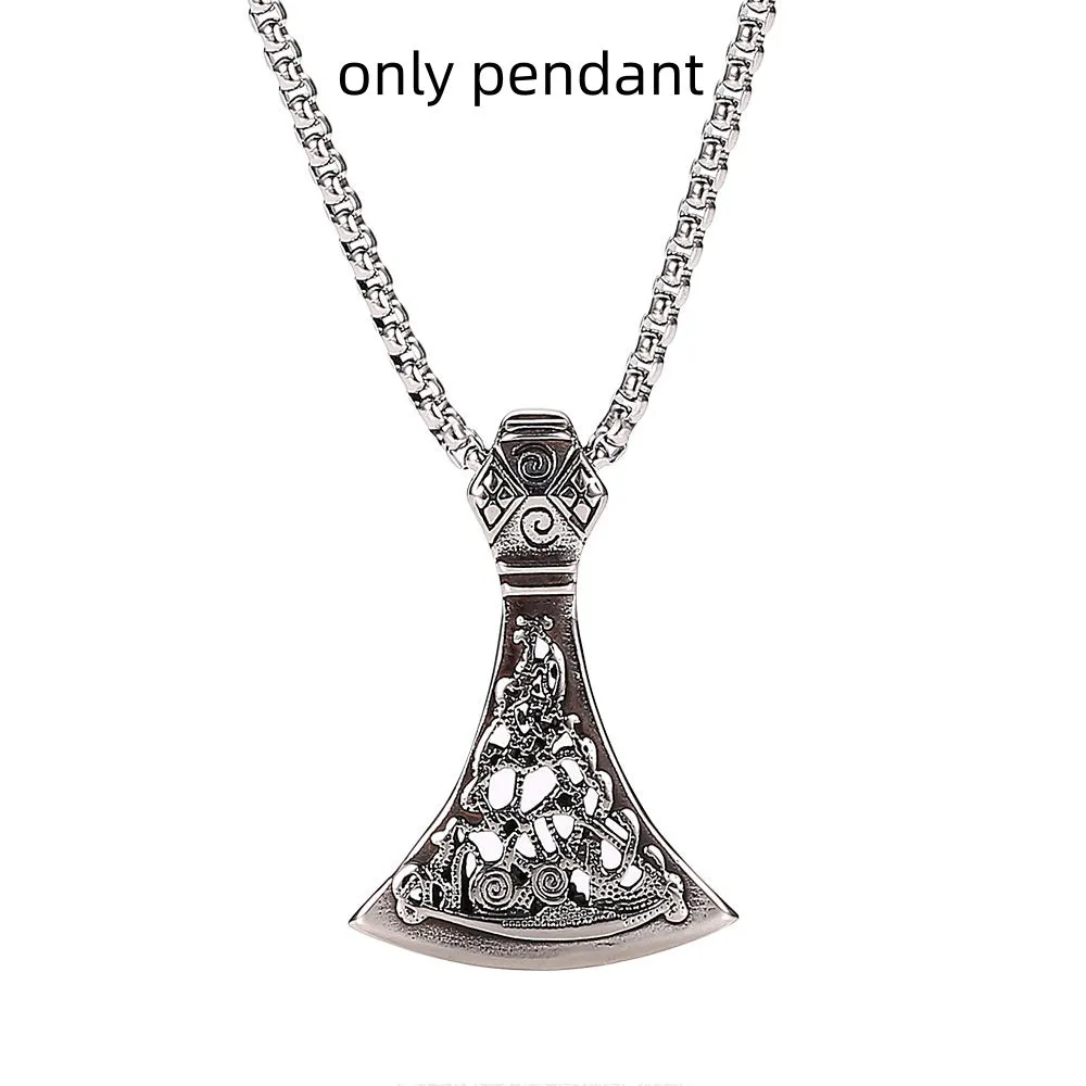 Retro men's high-end titanium steel axe pattern pendant necklace with O-link chain on white background