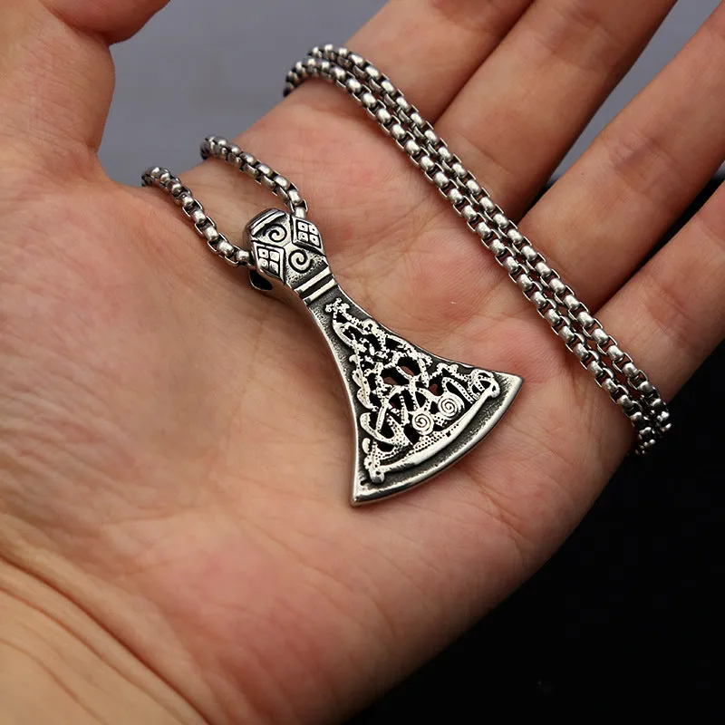 Retro men's high-end titanium steel axe pattern pendant necklace with O-link chain on white background