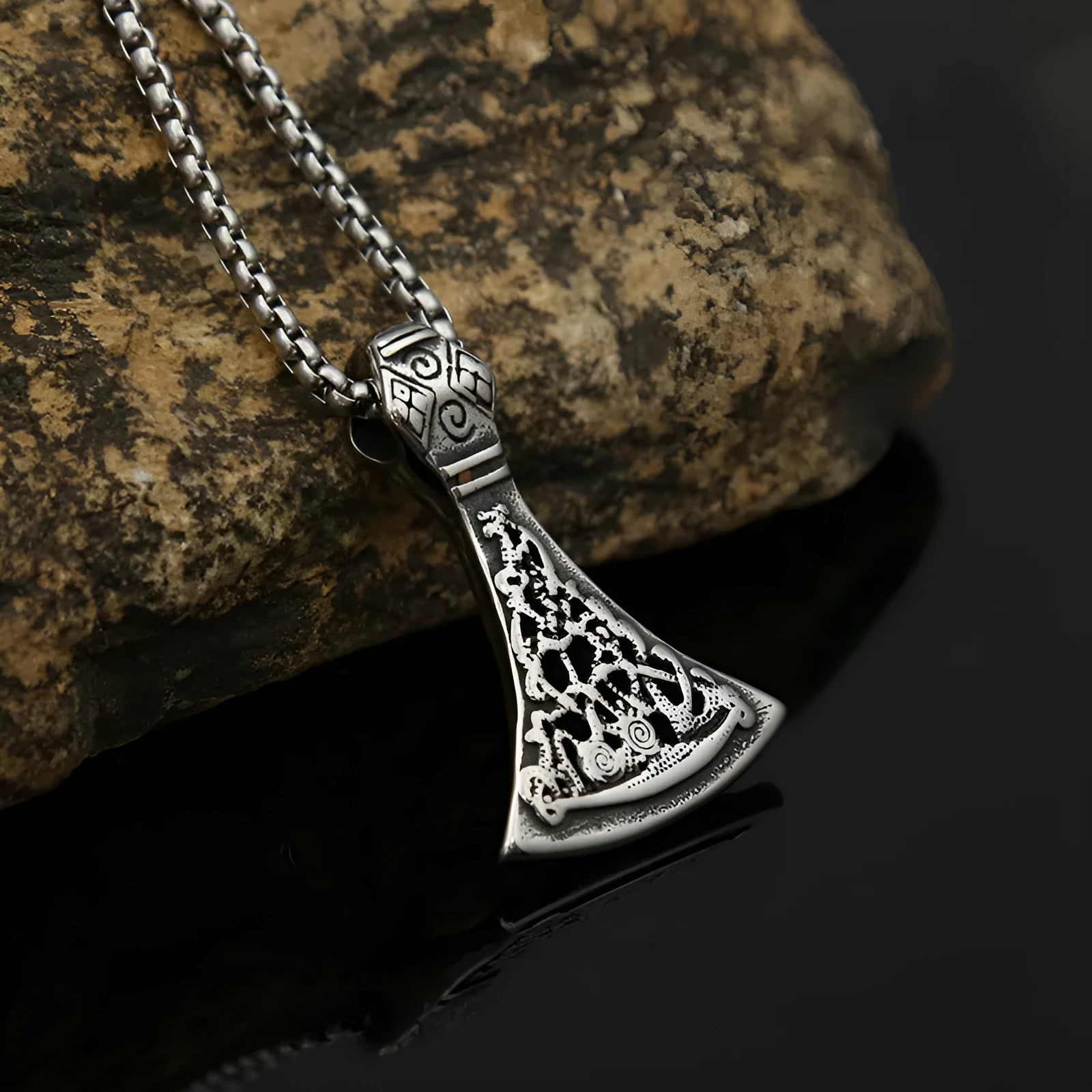 Retro men's high-end titanium steel axe pattern pendant necklace with O-link chain on white background